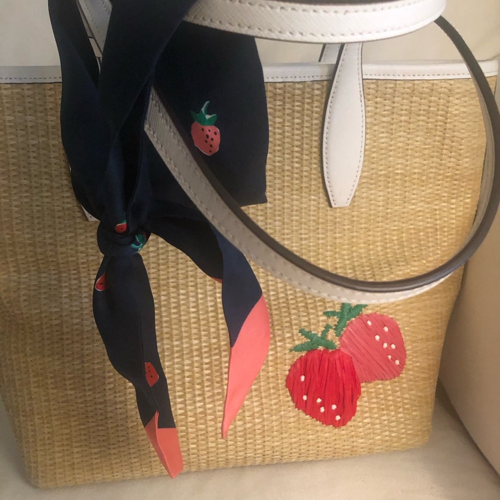 Kate Spade Straw Tote w/Strawberry Appliqué and Scarf - Picture 2 of 5